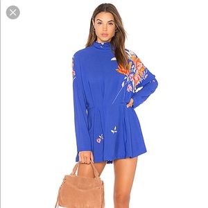 NWT‎ FREE PEOPLE GEMMA FLORAL LONG SLEEVE TUNIC BLUE S Boho Cottagecore Festival